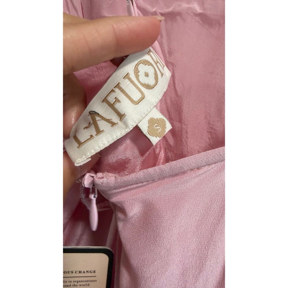 La Fuori 3D Floral Applique Ostrich Feather Pink Silk Backless Dress NWT $780 S - Picture 6 of 8